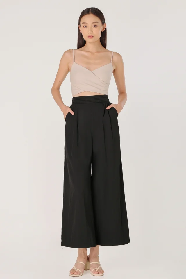 JESSE LINEN PLEATED WAISTBAND WIDE LEG PANTS (BLACK)