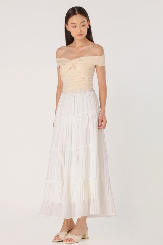ROSELLE PLEATED TIERED FLARE MAXI SKIRT - PETITE (WHITE) 