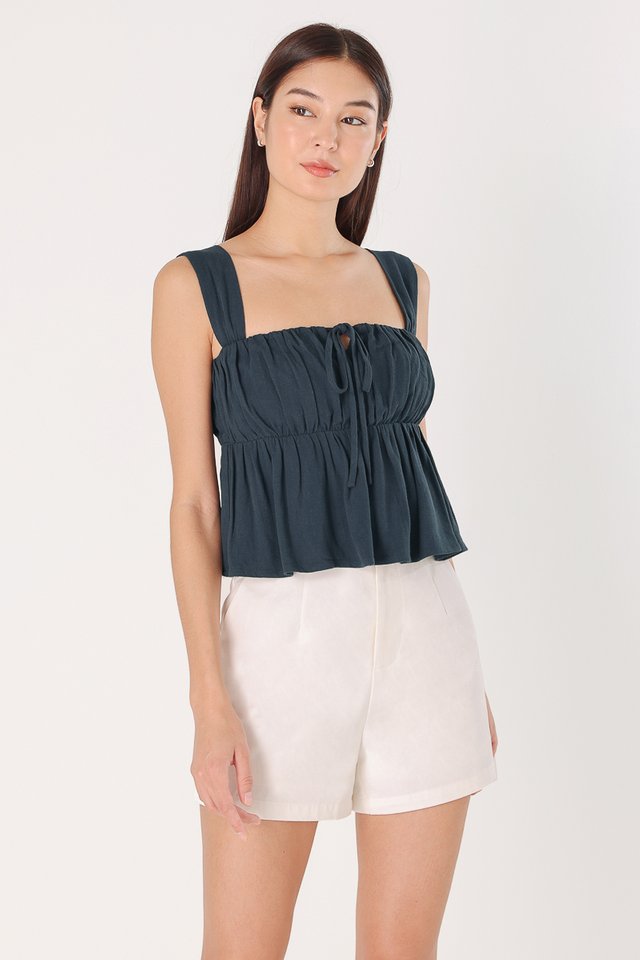 RENA LINEN PADDED RIBBON-TIE RUCHED BABYDOLL TOP (OXFORD NAVY)