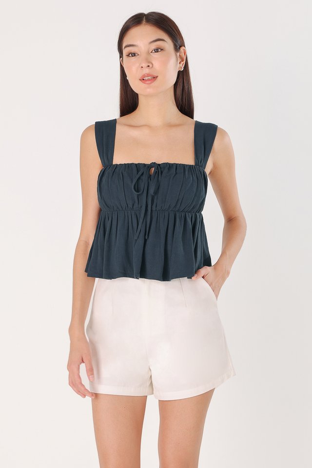 RENA LINEN PADDED RIBBON-TIE RUCHED BABYDOLL TOP (OXFORD NAVY)