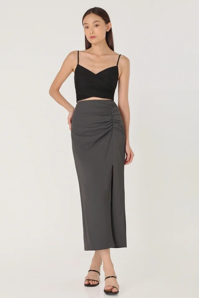 AURORA RUCHED COLUMN SLIT MAXI SKIRT - PETITE (GUN GREY) 