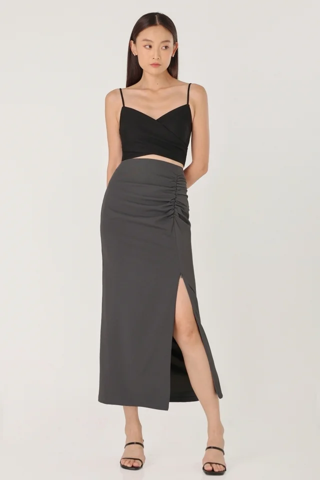 AURORA RUCHED COLUMN SLIT MAXI SKIRT - PETITE (GUN GREY) 