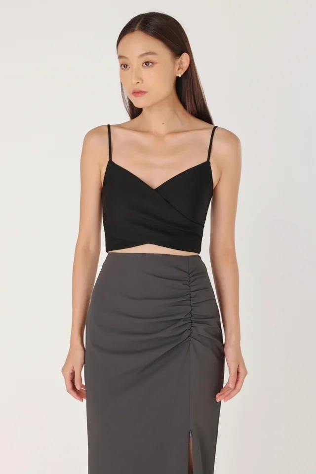BETHANY PADDED CAMI WRAP RUCHED TOP (BLACK) 