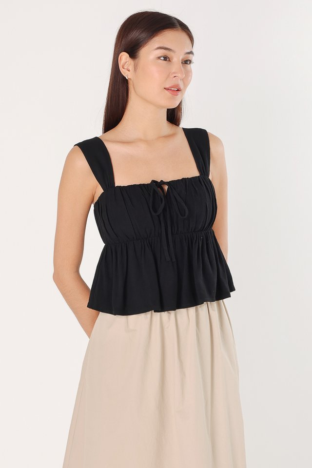 RENA LINEN PADDED RIBBON-TIE RUCHED BABYDOLL TOP (BLACK) 