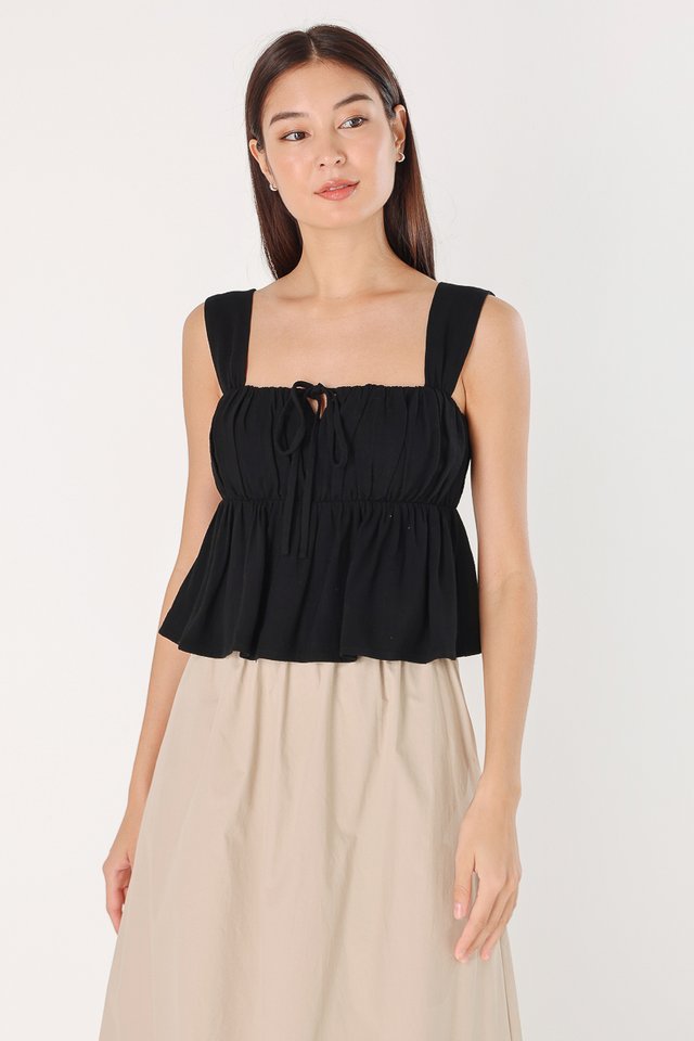 RENA LINEN PADDED RIBBON-TIE RUCHED BABYDOLL TOP (BLACK) 