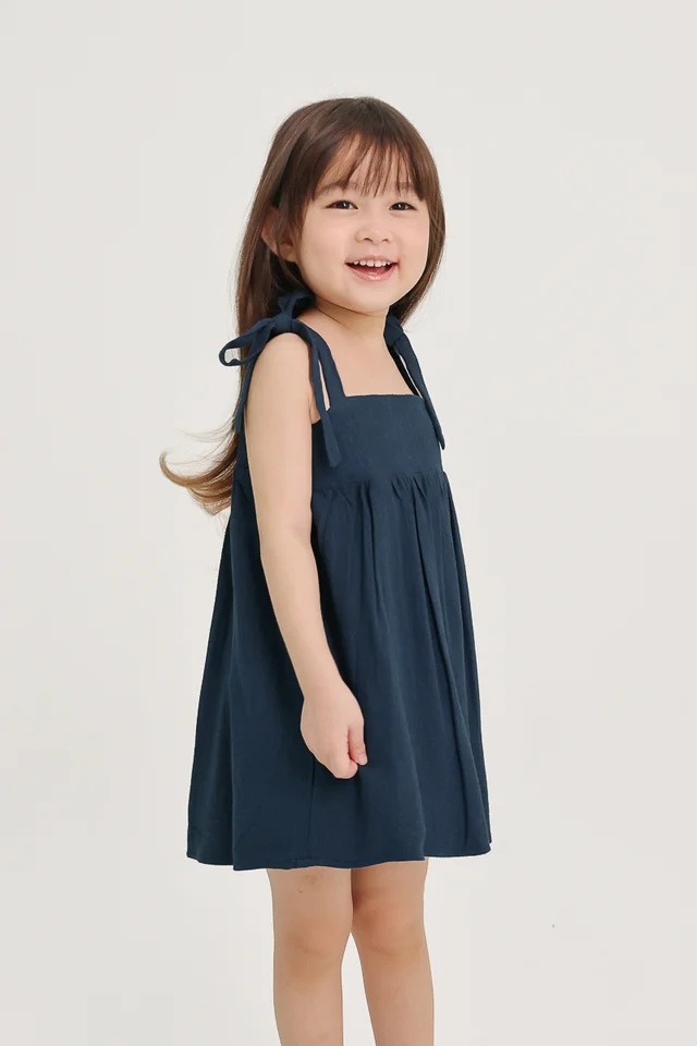 LOVISA LINEN TIE-STRAP TENT DRESS (NAVY BLUE) - MINI GIRL