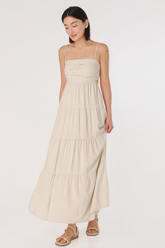 CAROL PADDED RUCHED BACK CUT-OUT MAXI TIERED DRESS (OYSTER)
