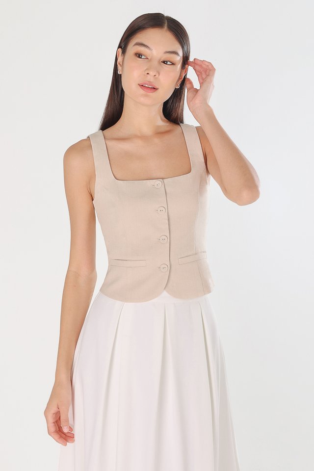 GABINE LINEN SQUARE NECK BUTTON VEST TOP (NATURAL) 