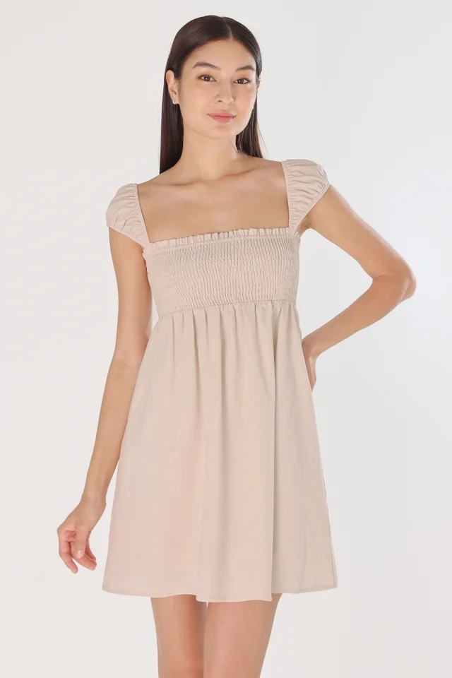MEL CAP PUFFY SLEEVE SMOCKED BABYDOLL DRESS (OAT)
