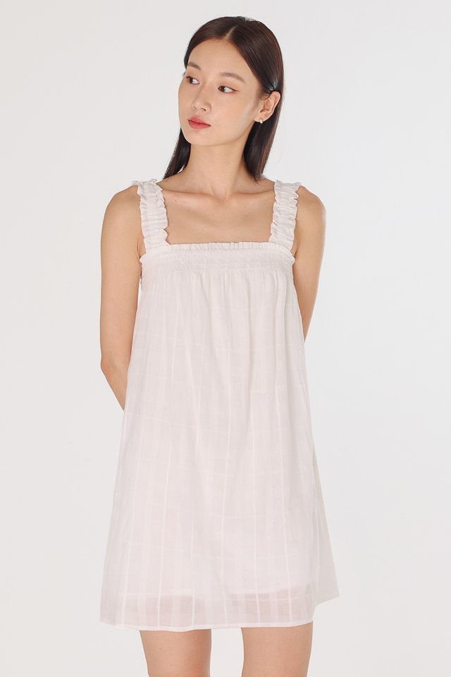 ALETHIA TEXTURED SHIRRED STRAP TENT DRESS (WHITE TEXTURED)