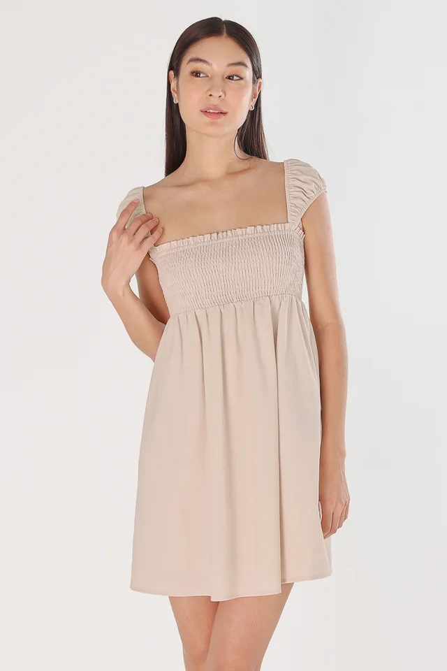 MEL CAP PUFFY SLEEVE SMOCKED BABYDOLL DRESS (OAT)