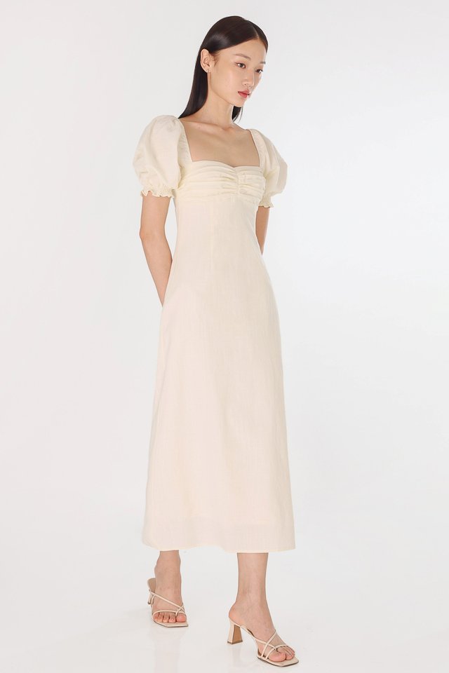 REBECCA PADDED LINEN RUCHED PUFF SLEEVE MIDAXI DRESS (IVORY) 