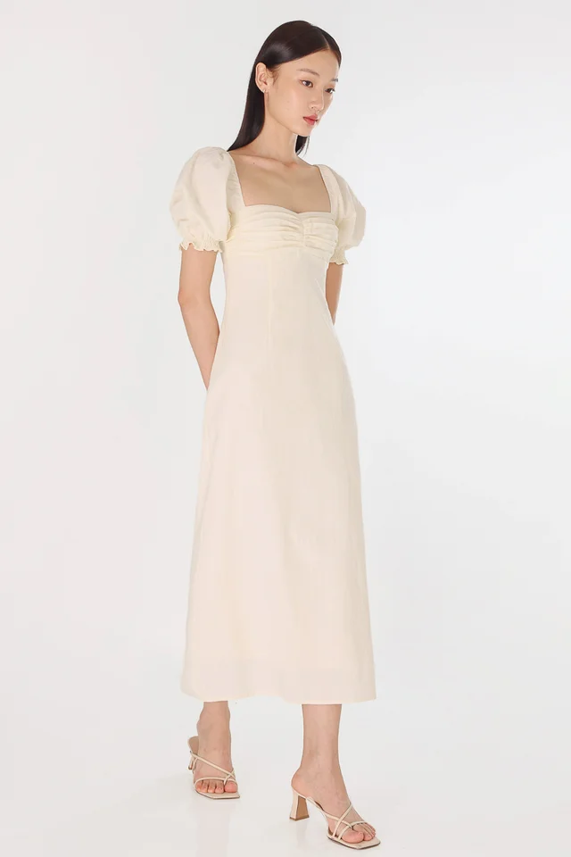 REBECCA PADDED LINEN RUCHED PUFF SLEEVE MIDAXI DRESS (IVORY)