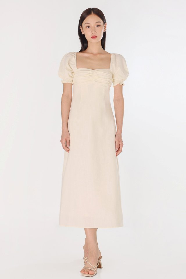 REBECCA PADDED LINEN RUCHED PUFF SLEEVE MIDAXI DRESS (IVORY) 