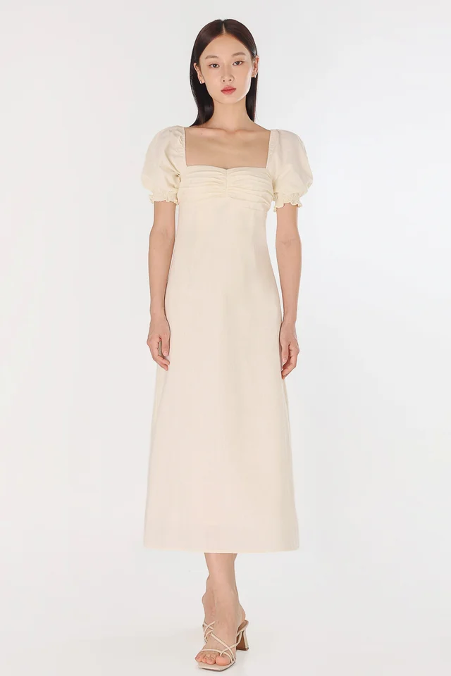 REBECCA PADDED LINEN RUCHED PUFF SLEEVE MIDAXI DRESS (IVORY)