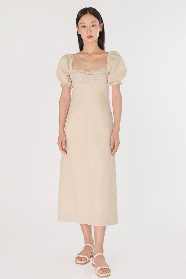 REBECCA PADDED LINEN RUCHED PUFF SLEEVE MIDAXI DRESS (ALMOND) 