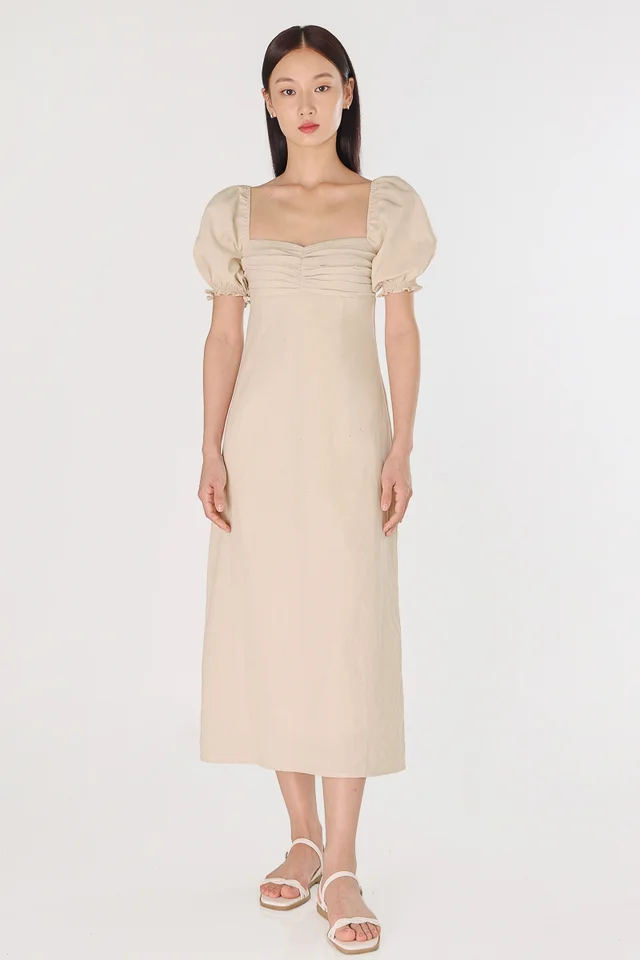 REBECCA PADDED LINEN RUCHED PUFF SLEEVE MIDAXI DRESS (ALMOND)