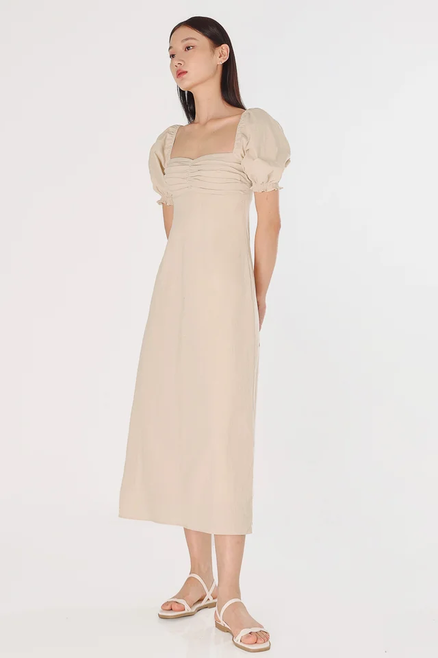 REBECCA PADDED LINEN RUCHED PUFF SLEEVE MIDAXI DRESS (ALMOND)