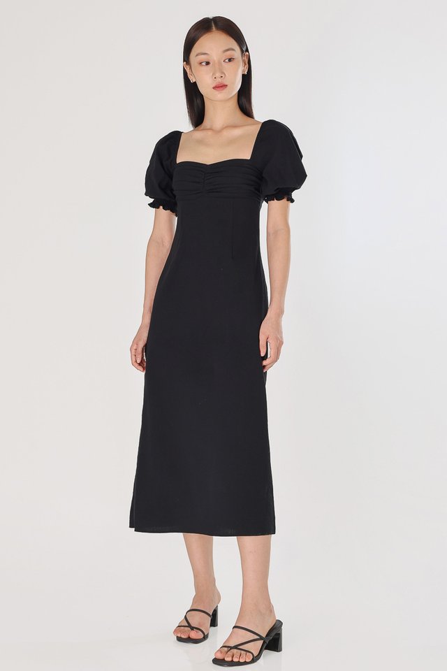 REBECCA PADDED LINEN RUCHED PUFF SLEEVE MIDAXI DRESS (BLACK) 