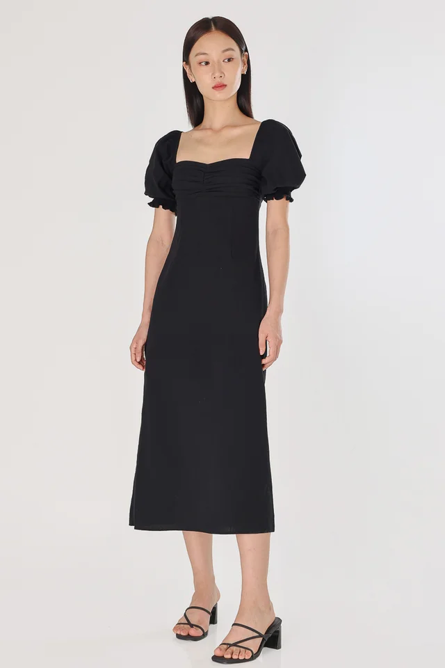 REBECCA PADDED LINEN RUCHED PUFF SLEEVE MIDAXI DRESS (BLACK)