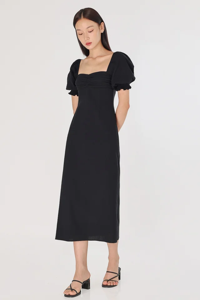 REBECCA PADDED LINEN RUCHED PUFF SLEEVE MIDAXI DRESS (BLACK)
