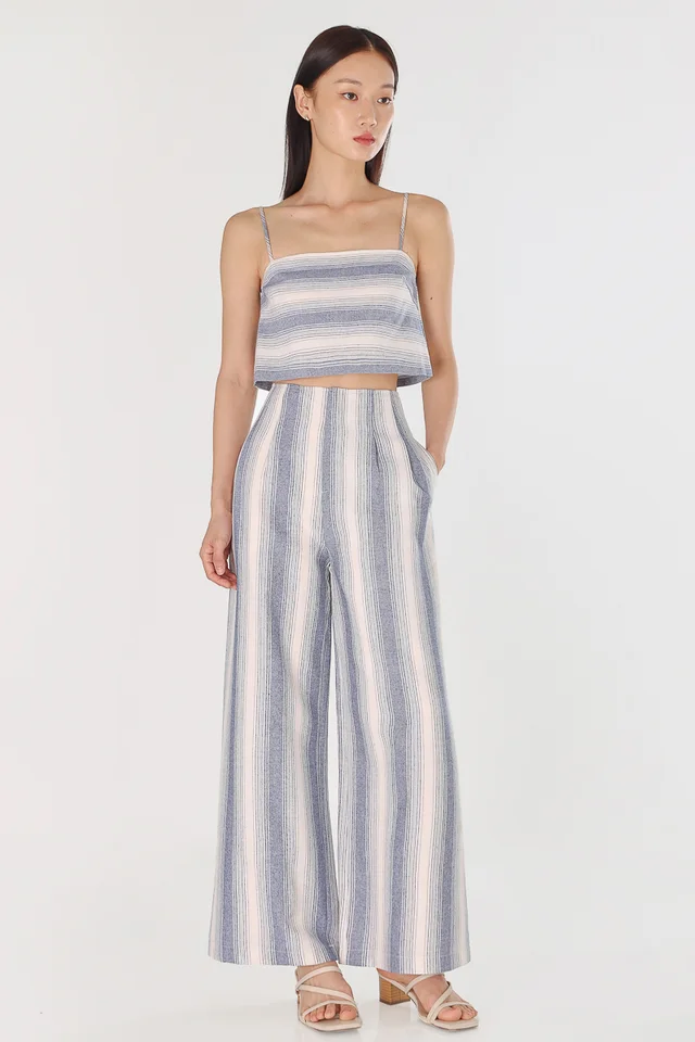 LEXIS LINEN STRIPED PLEATED WIDE LEG PANTS (MARINE)