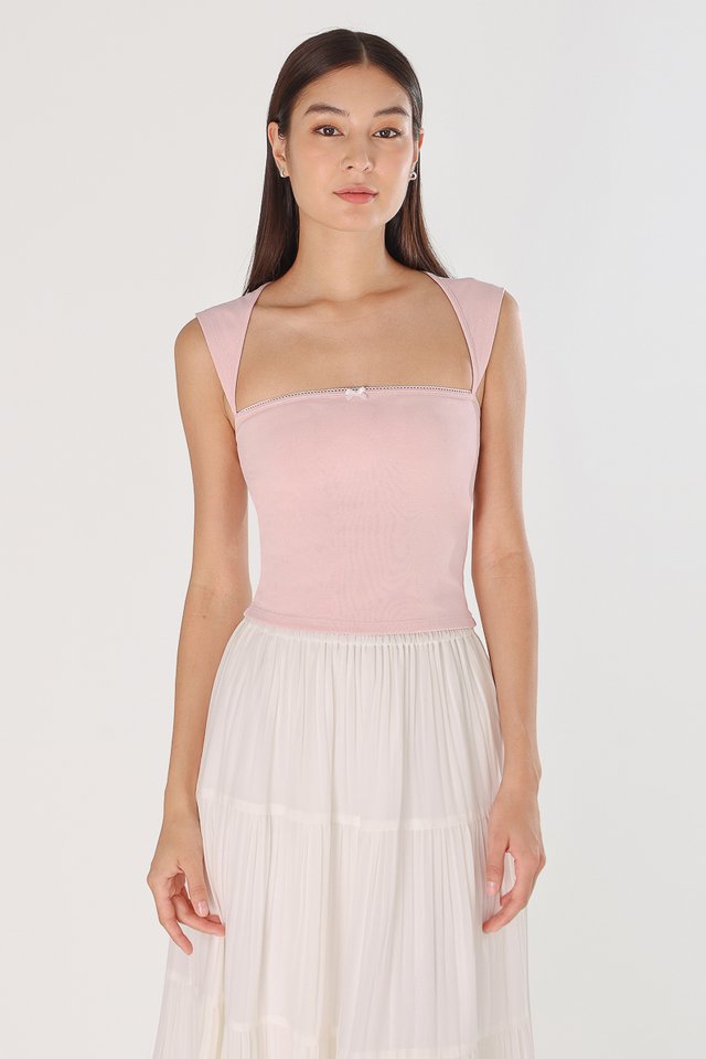 JAZREEL PADDED RIBBON BACK CUT-OUT RIBBED TOP (PINK WITH WHITE TRIM)
