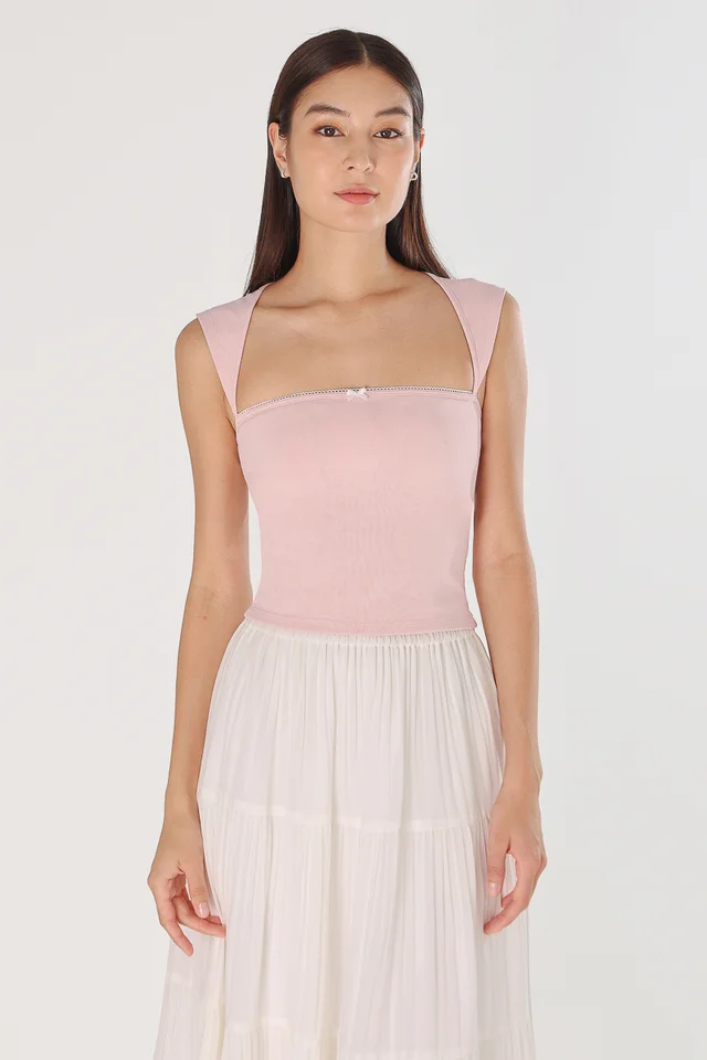 JAZREEL PADDED RIBBON BACK CUT-OUT RIBBED TOP (PINK WITH WHITE TRIM)