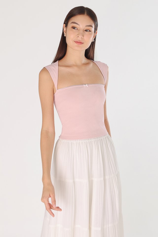 JAZREEL PADDED RIBBON BACK CUT-OUT RIBBED TOP (PINK WITH WHITE TRIM)