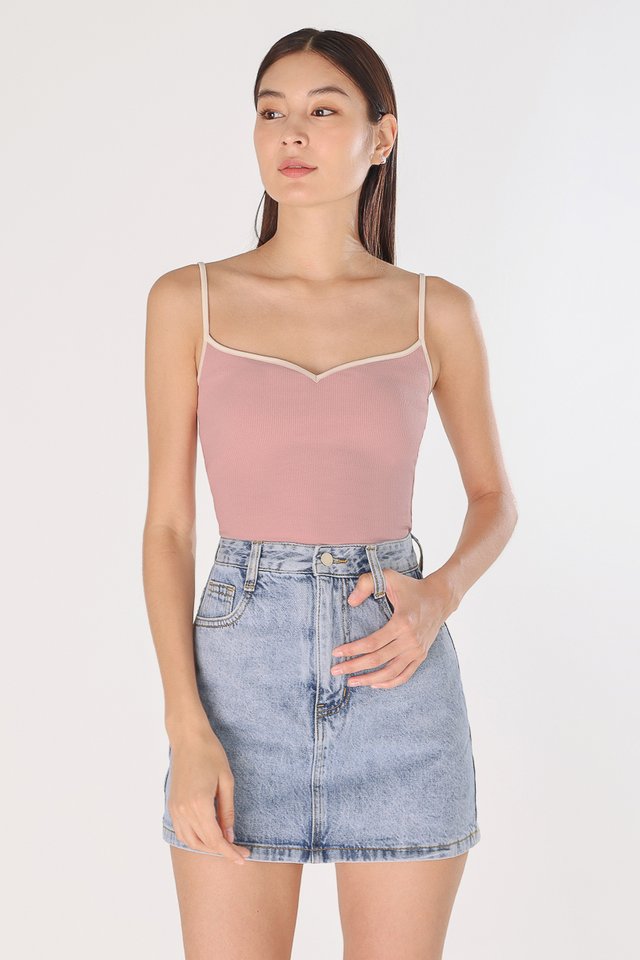 KYDRA PADDED CONTRAST TRIM RIBBED TOP (PINK WITH CREAM TRIM)