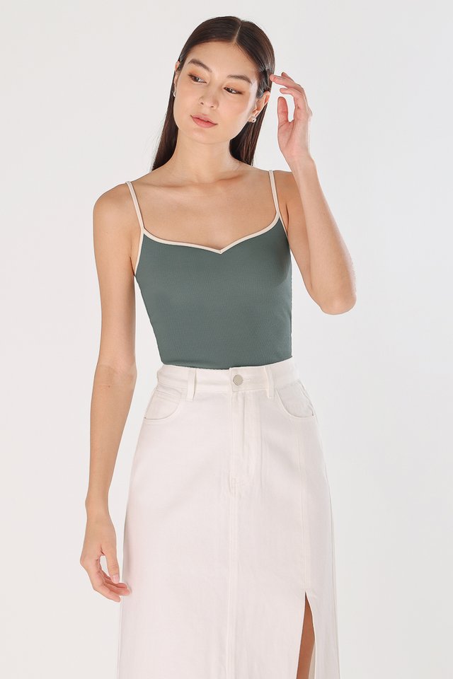 KYDRA PADDED CONTRAST TRIM RIBBED TOP (GREEN WITH CREAM TRIM)