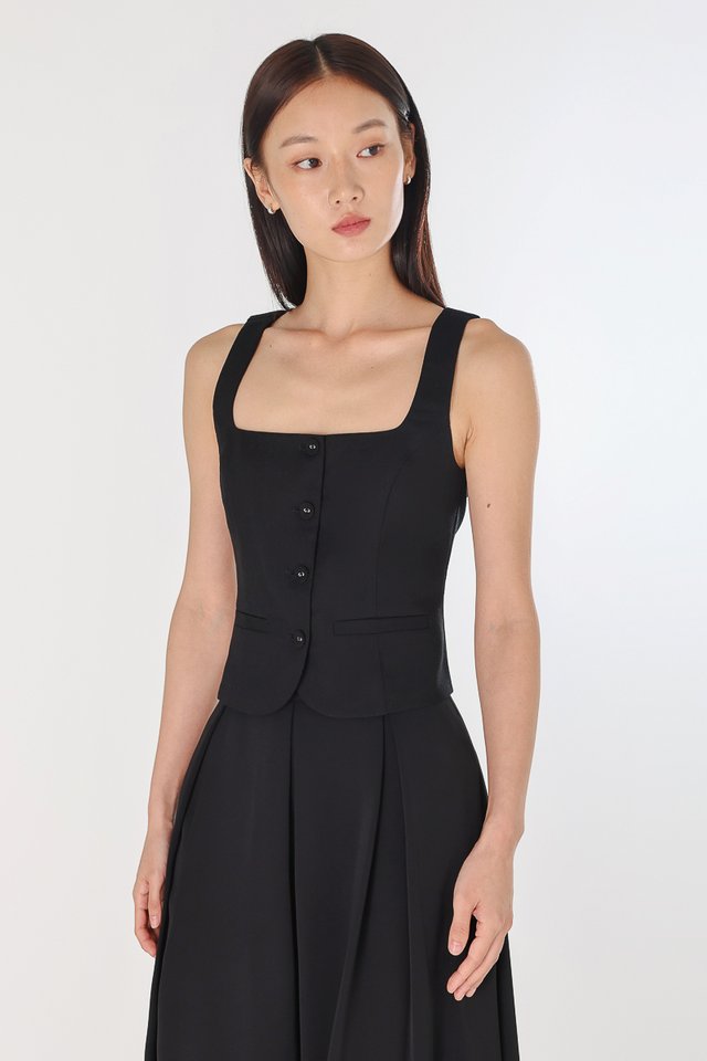 GABINE LINEN SQUARE NECK BUTTON VEST TOP (BLACK) 