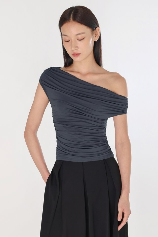 LORETTA RUCHED OFF-SHOULDER TOP (SLATE BLUE) 