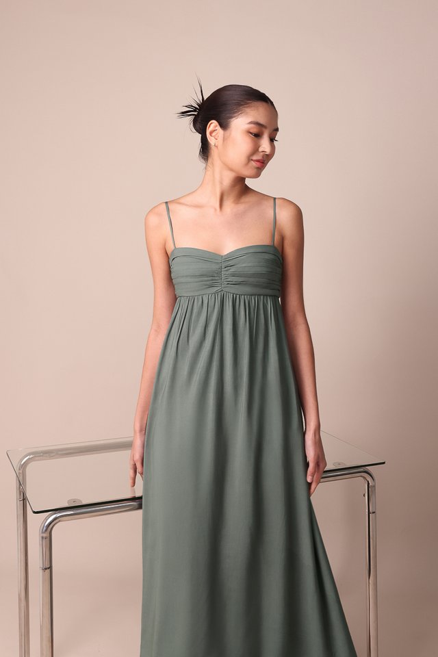 ELENA PADDED SWEETHEART RUCHED MIDAXI DRESS (THYME GREEN)