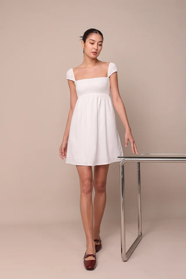 MEL CAP PUFFY SLEEVE SMOCKED BABYDOLL DRESS (WHITE)