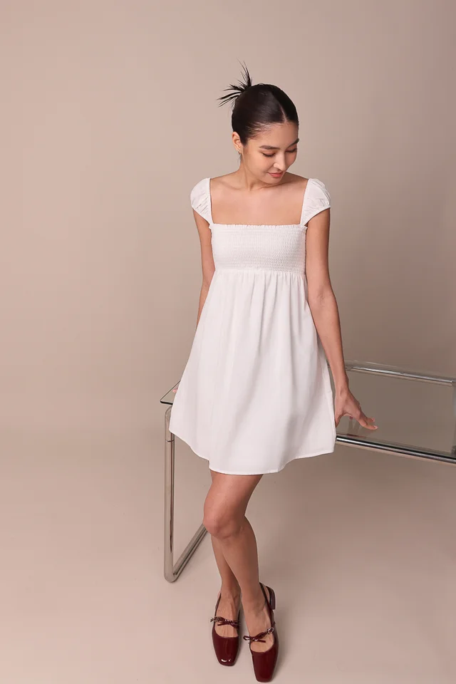 MEL CAP PUFFY SLEEVE SMOCKED BABYDOLL DRESS (WHITE)