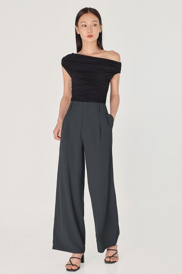 ELIZA HIGH WAIST STRAIGHT LEG FLOW PANTS (GUNMETAL) 