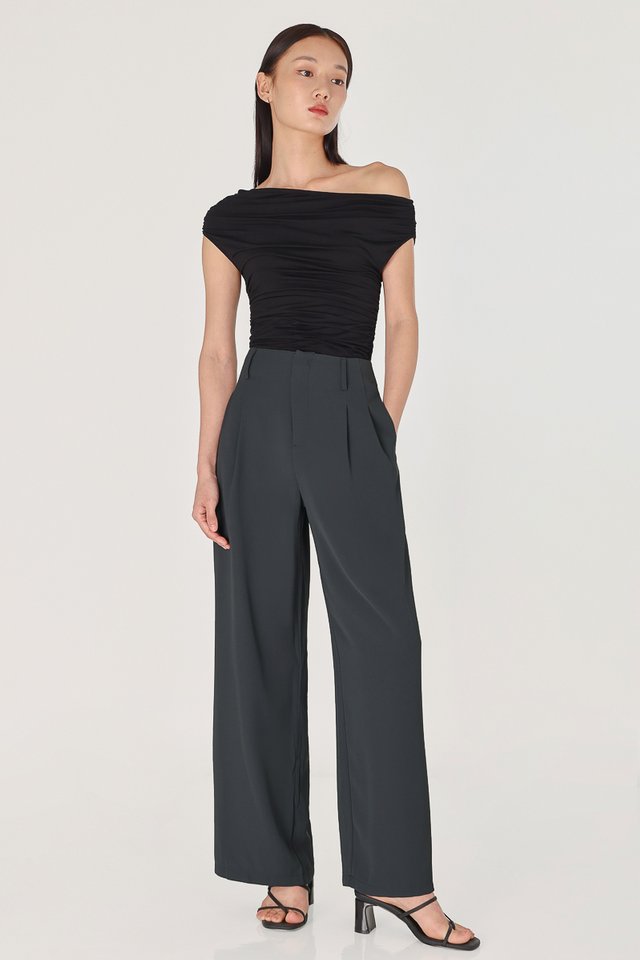 ELIZA HIGH WAIST STRAIGHT LEG FLOW PANTS (GUNMETAL) 