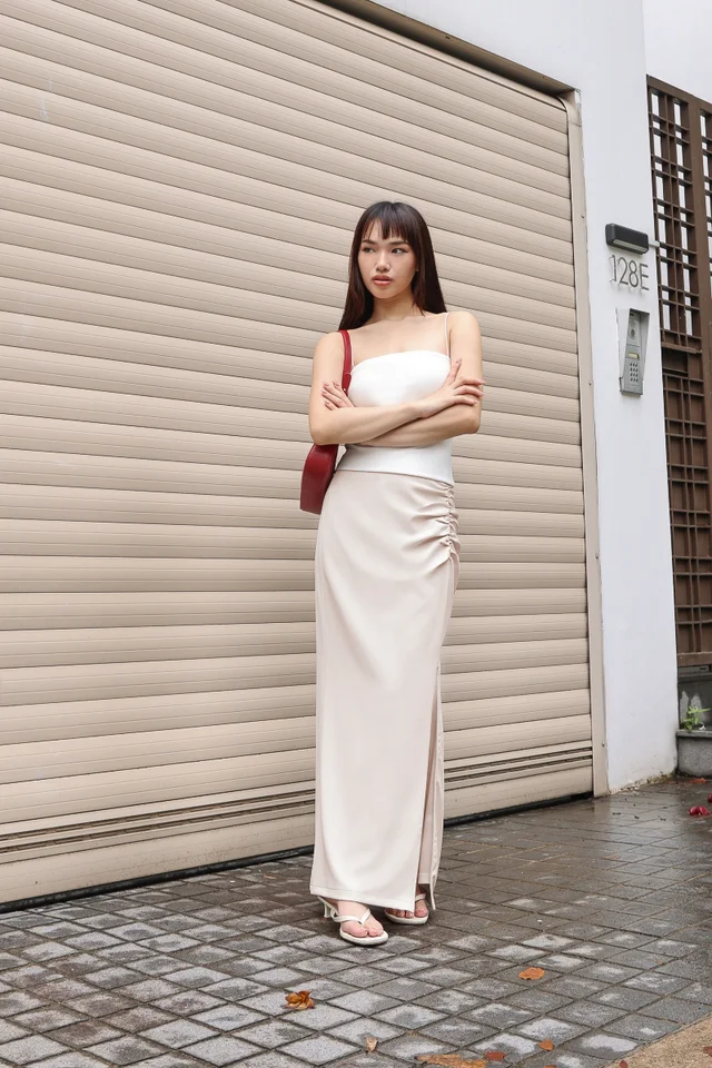 AURORA RUCHED COLUMN SLIT MAXI SKIRT - PETITE (CHALK) 
