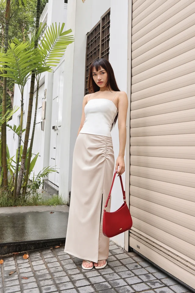 AURORA RUCHED COLUMN SLIT MAXI SKIRT - PETITE (CHALK) 