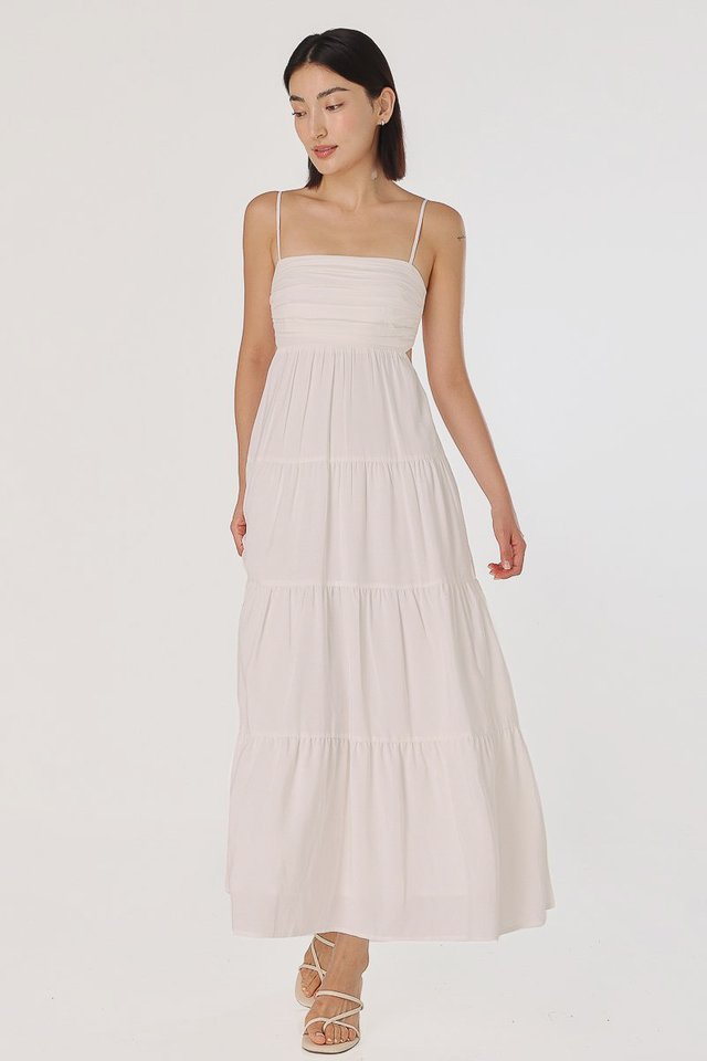 CAROL PADDED RUCHED BACK CUT-OUT MAXI TIERED DRESS (WHITE)