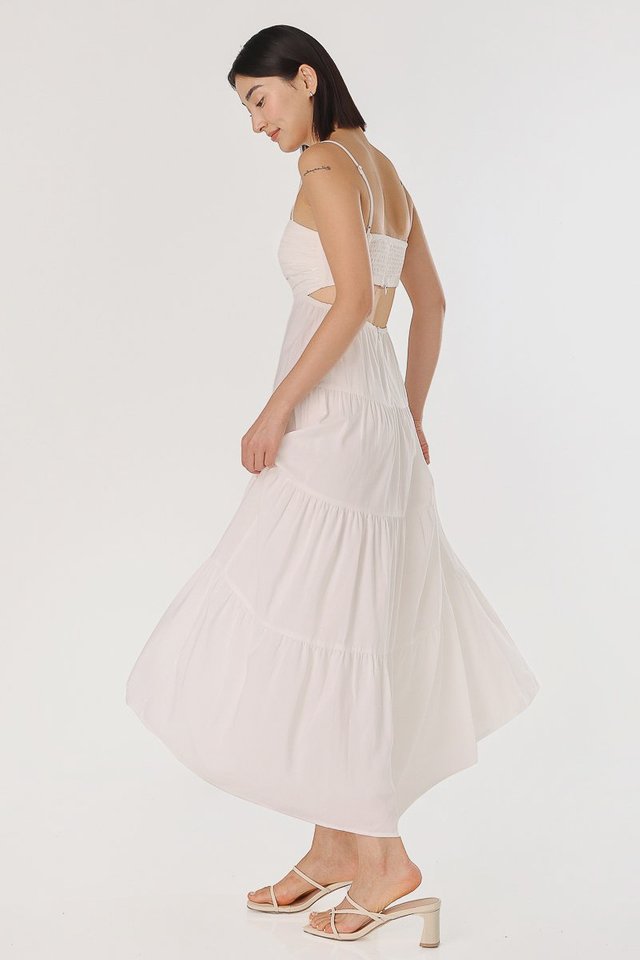 CAROL PADDED RUCHED BACK CUT-OUT MAXI TIERED DRESS (WHITE)
