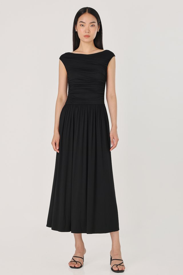 HILLARY RUCHED BOAT NECK COTTON JERSEY MIDAXI DRESS (BLACK)