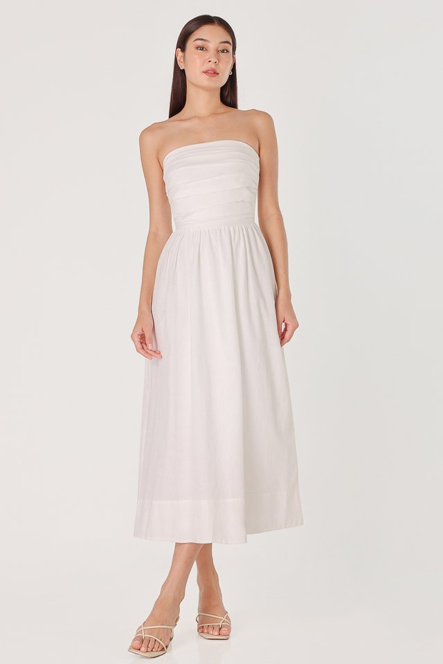 FIONA PADDED TWO-WAY RUCHED THICK HEM MIDAXI DRESS (WHITE) 