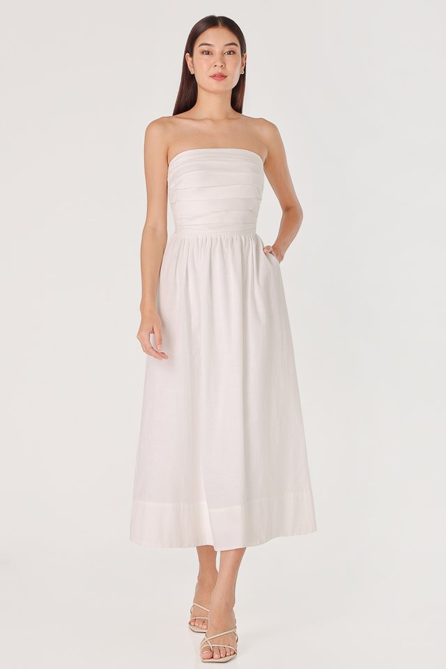 FIONA PADDED TWO-WAY RUCHED THICK HEM MIDAXI DRESS (WHITE) 