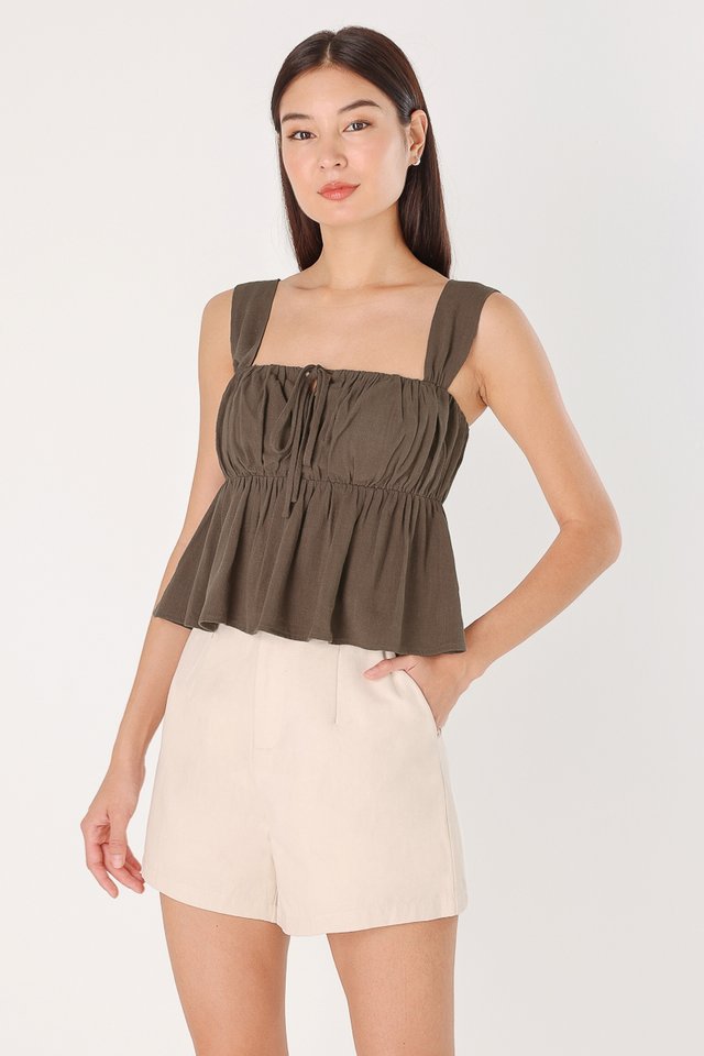 RENA LINEN PADDED RIBBON-TIE RUCHED BABYDOLL TOP (ESPRESSO) 