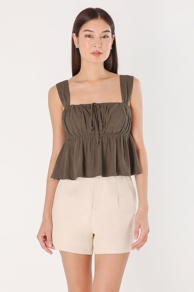 RENA LINEN PADDED RIBBON-TIE RUCHED BABYDOLL TOP (ESPRESSO) 