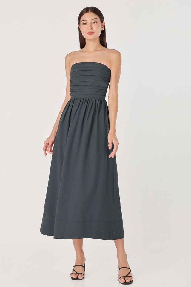 FIONA PADDED TWO-WAY RUCHED THICK HEM MIDAXI DRESS (DARK GREY BLUE) 