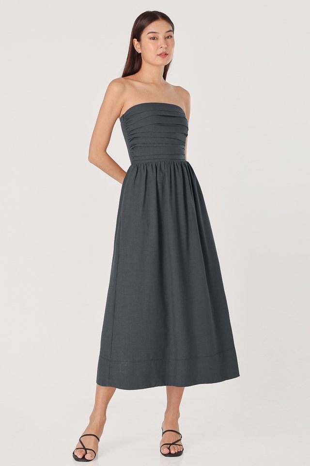 FIONA PADDED TWO-WAY RUCHED THICK HEM MIDAXI DRESS (DARK GREY BLUE) 