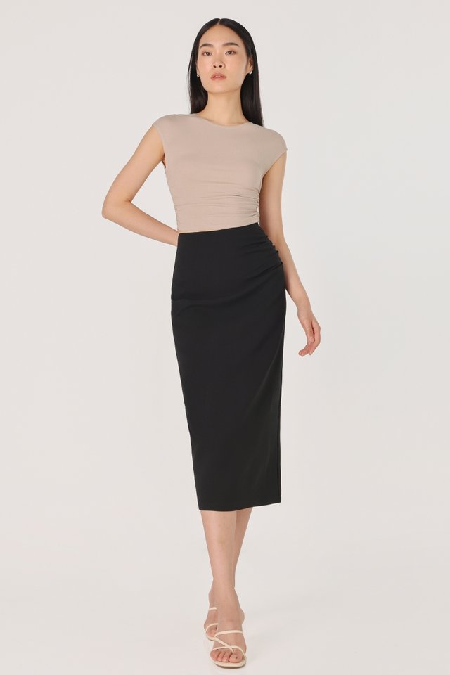 HALIA TEXTURED SIDE RUCHED TAILORED PENCIL SKIRT (BLACK) 